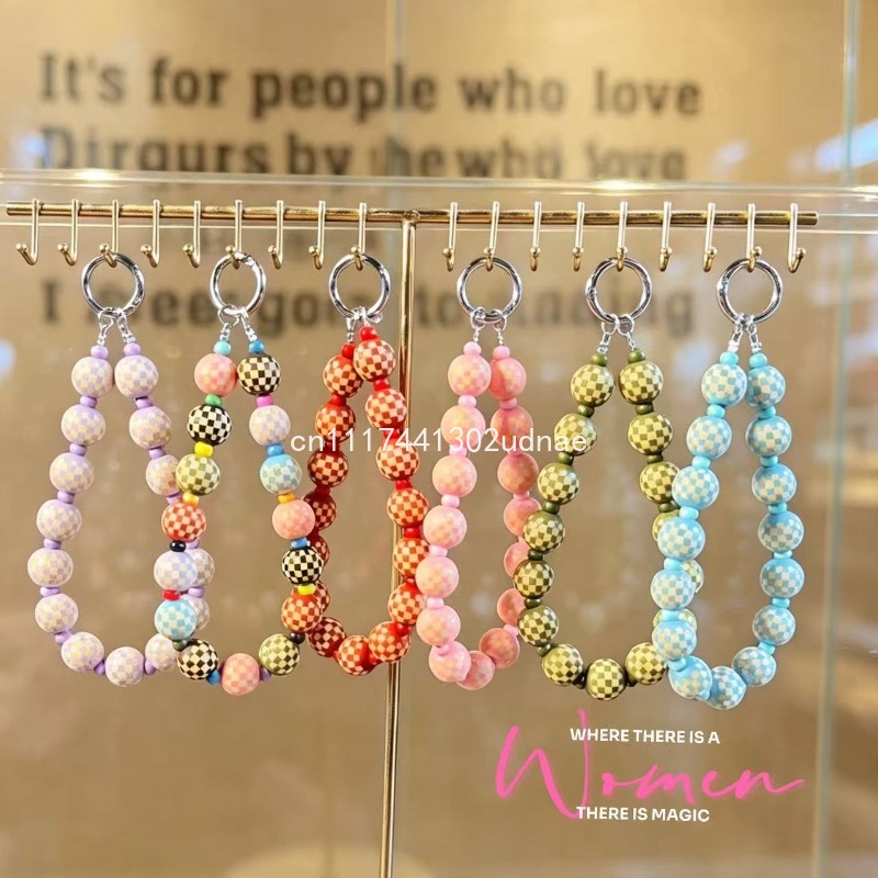 Phone Accessories Charms - Original Holz-Plaid-Perlen-Handykette, Handy-Anhänger, Taschen-Schlüsselanhänger, modisches Accessoire